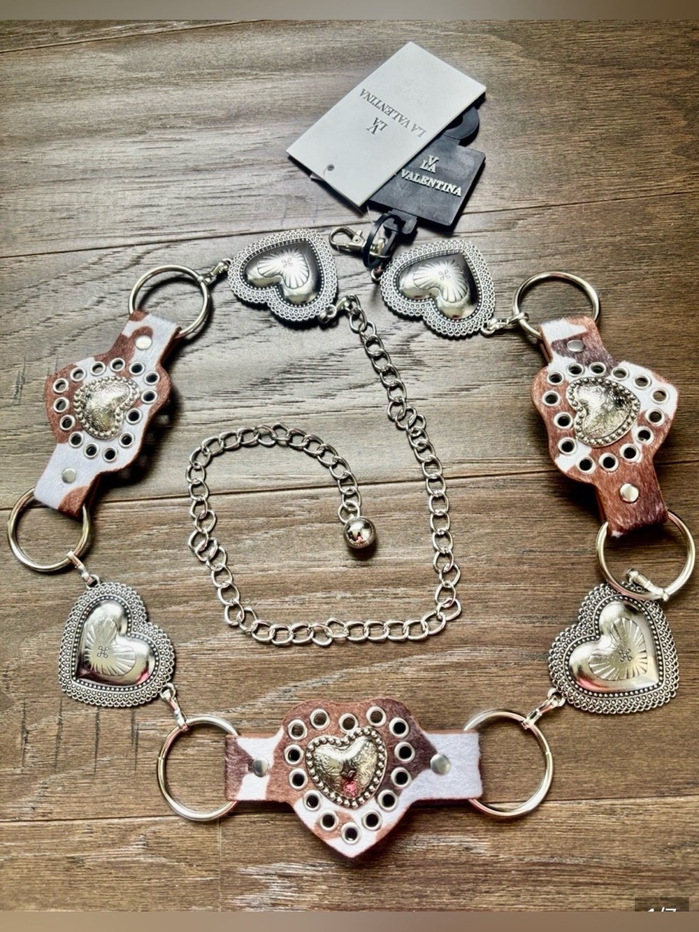 LA Valentina Western Chain Belt,hair hide look & silvertone hearts, PU leather